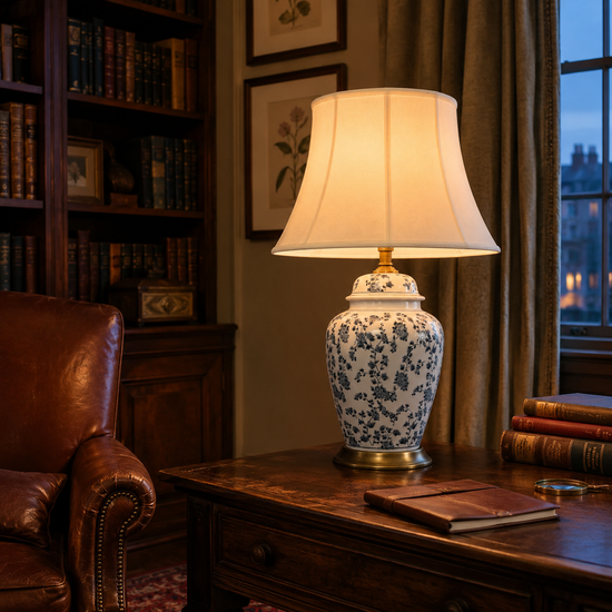 blue floral ceramic table lamp in a cosy study with leather chair and books