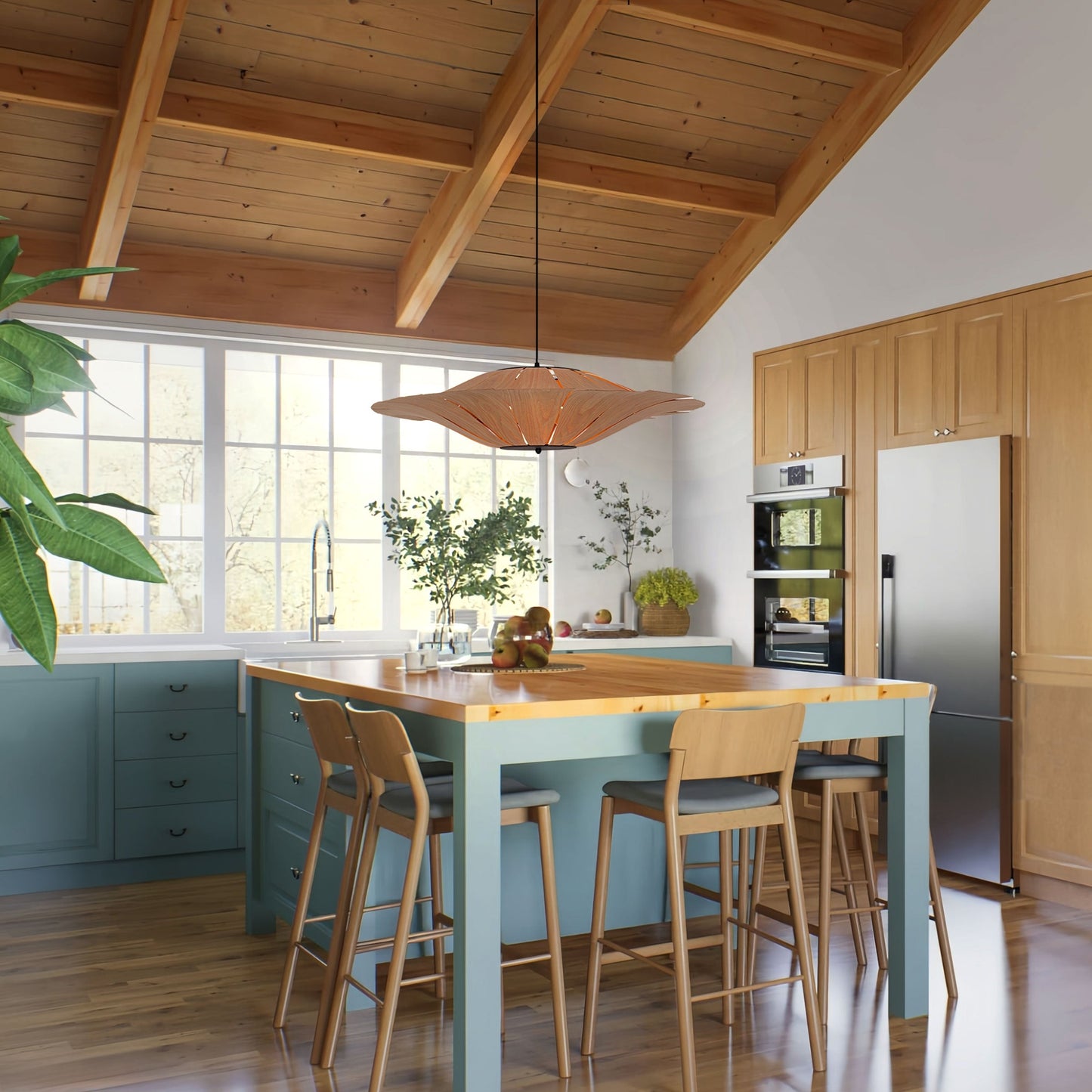 Large Wood Veneer LED Pendant Ceiling Light for Dining & Living Rooms