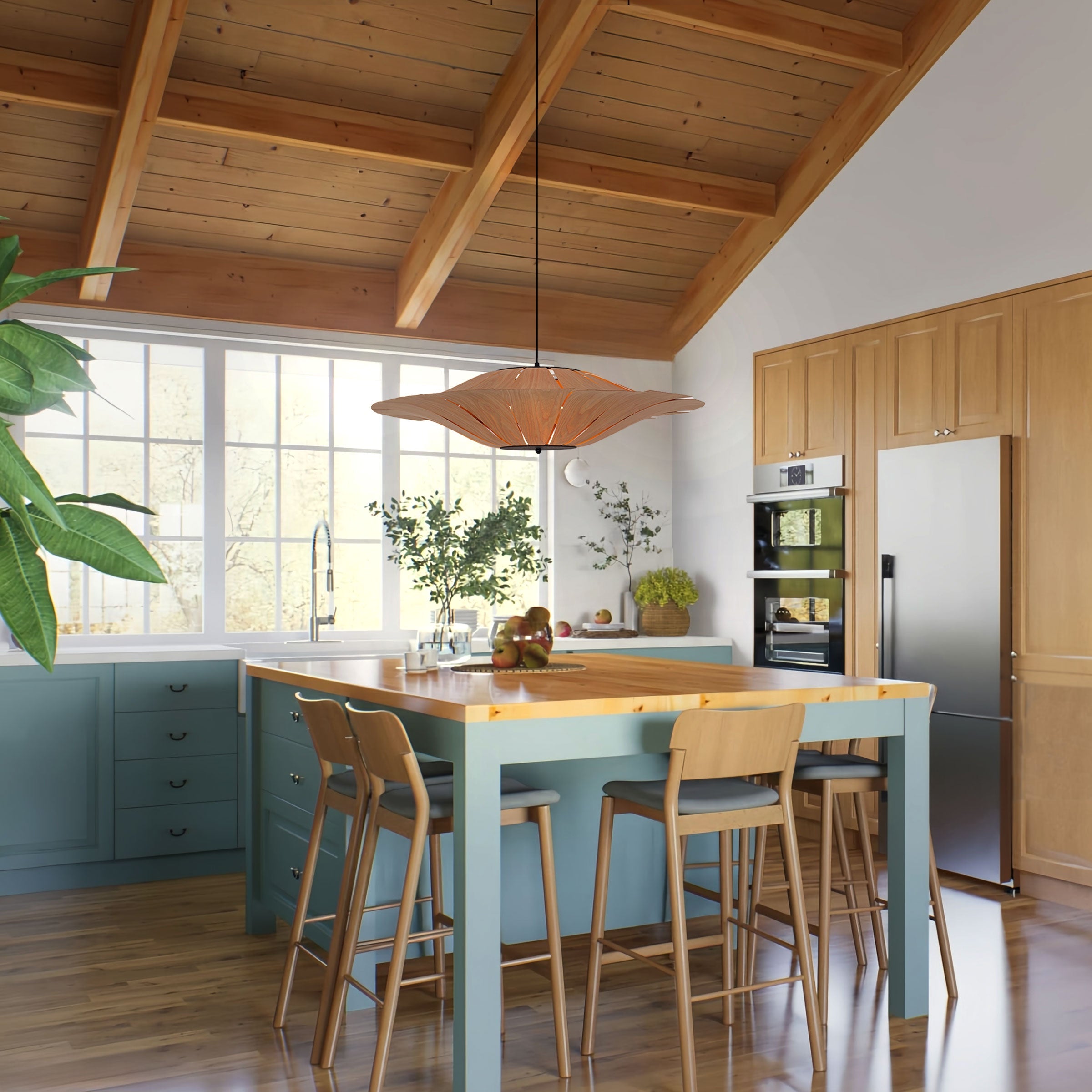 Large Wood Veneer LED Pendant Ceiling Light for Dining & Living Rooms