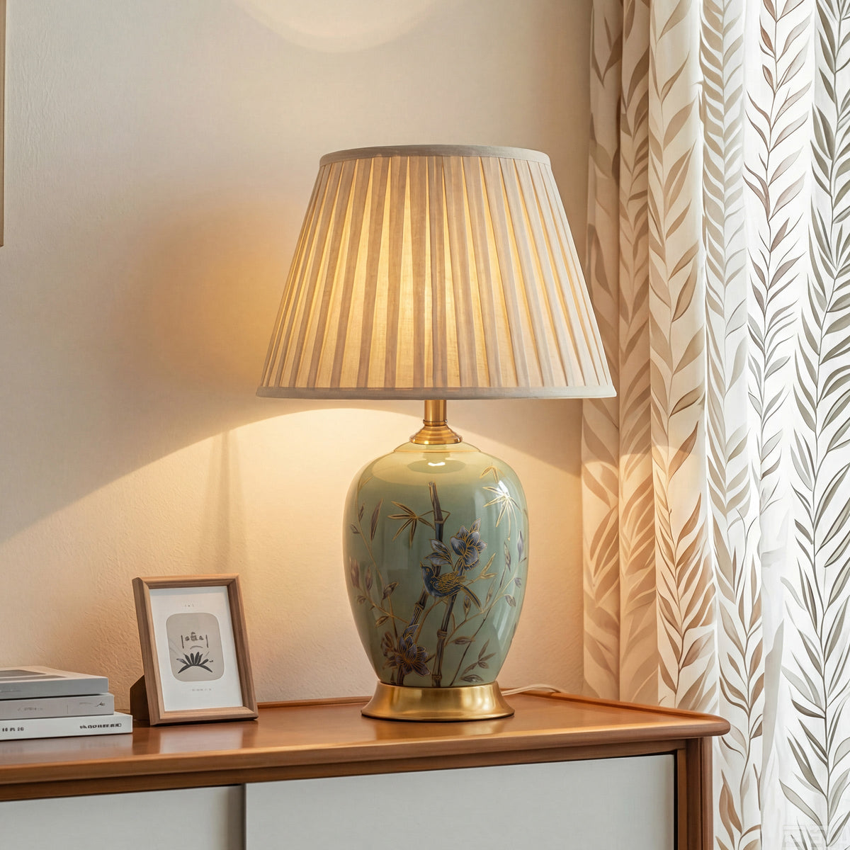 Green Bamboo & Bird Ceramic Table Lamp with Seamless Dimming