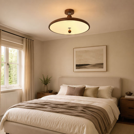 walnut two-globe flush ceiling light shown as a clean product view