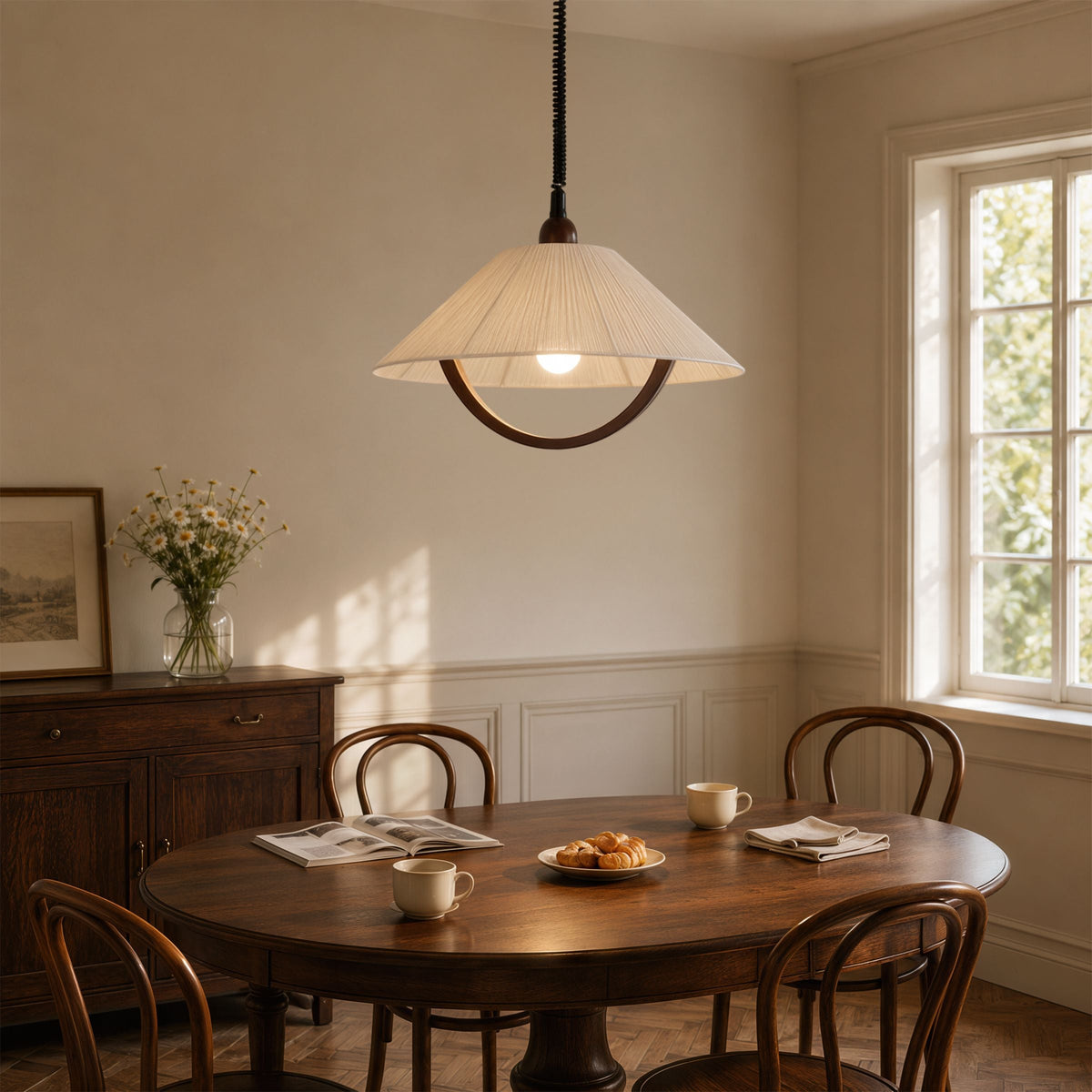 natural wood curved pendant light with shade and canopy details