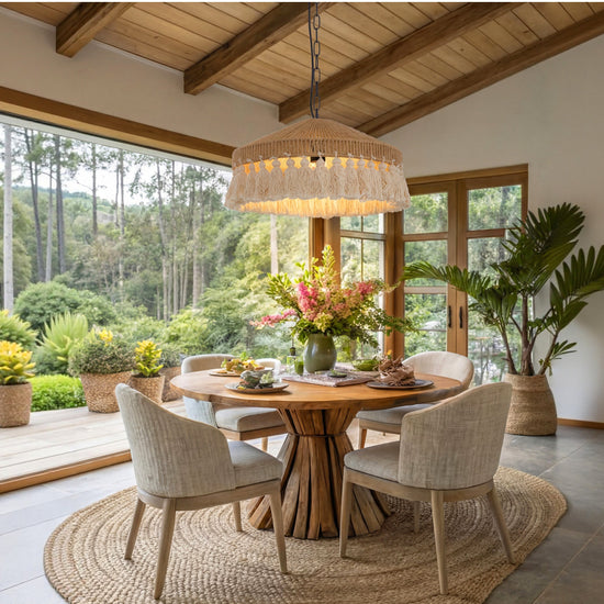 Boho Woven Pendant Light with Tassels, Handcrafted Hemp Rope Hanging Ceiling Light for Dining Room & Living Room