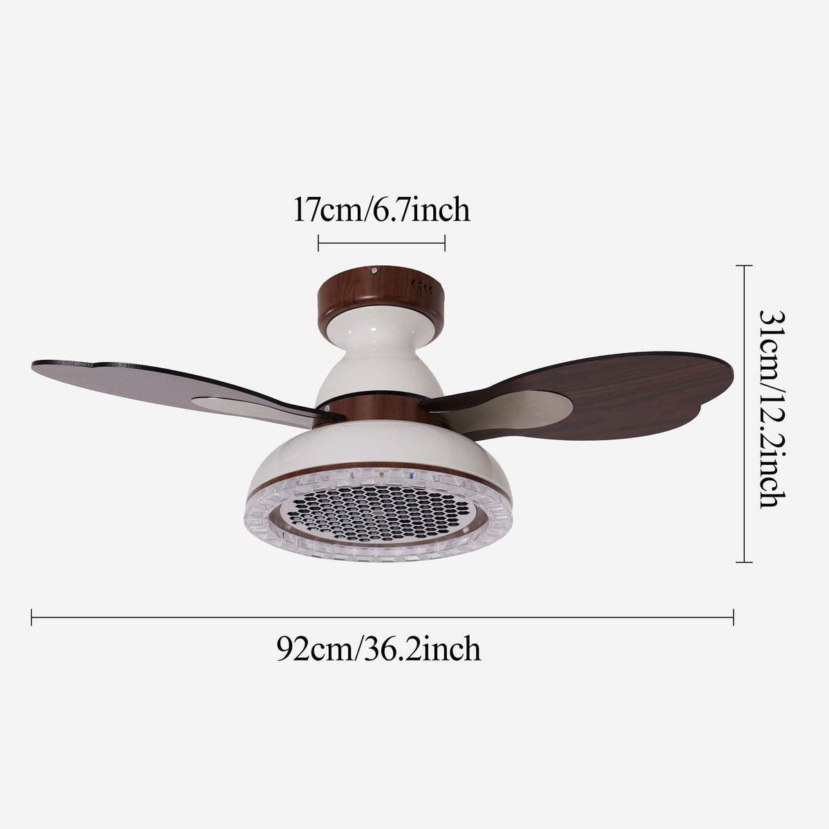 36 inch reversible ceiling fan with LED light with dimensions shown for installation