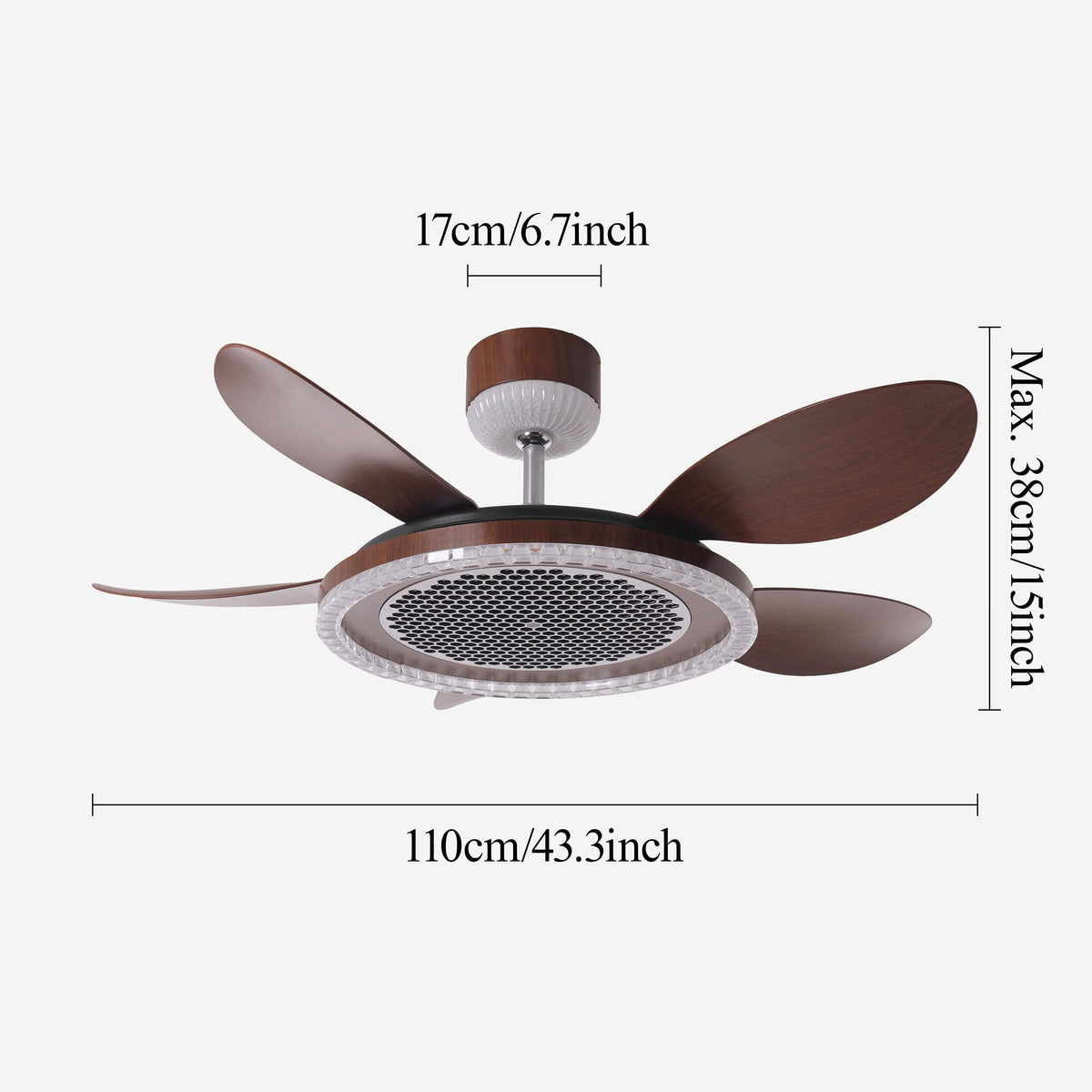 48 inch reversible ceiling fan with LED light with dimensions shown for installation