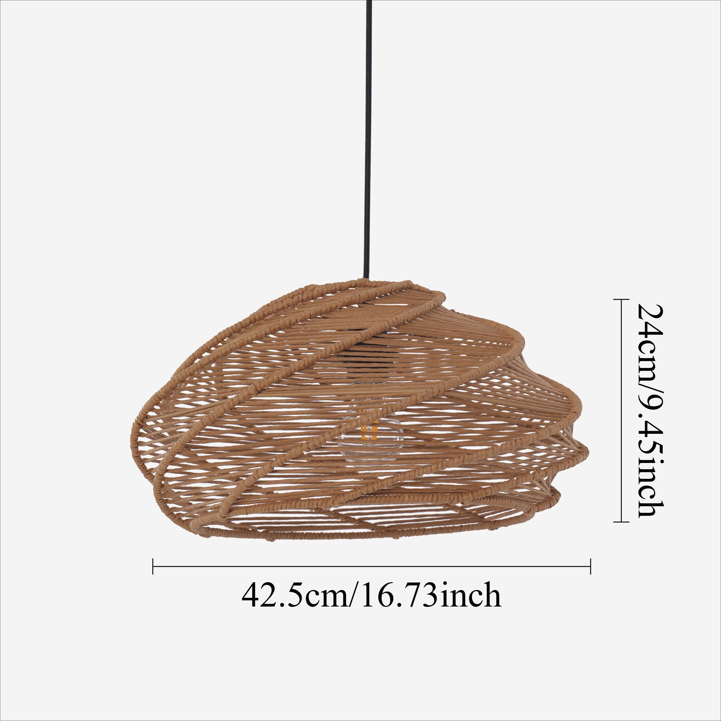 spiral rattan pendant light size chart showing 42.5cm width and 24cm height