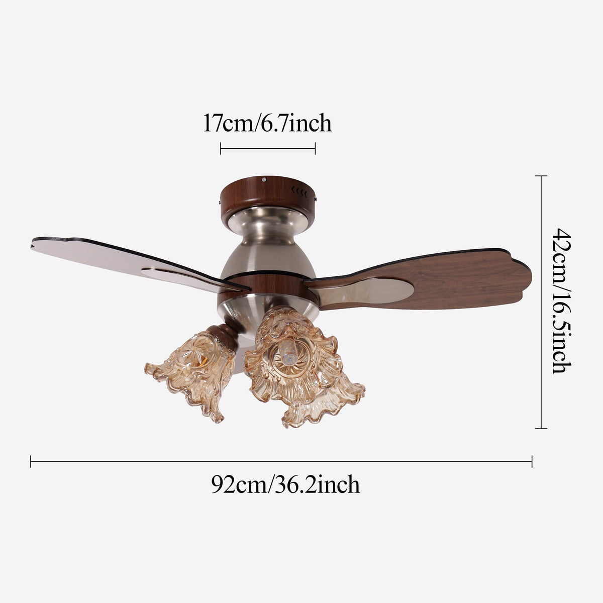 36 inch reversible ceiling fan with LED light with dimensions shown for installation