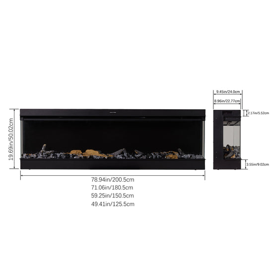 50/60/70/80inch 3-sided Electric Fireplace with Adjustable Color, Temperature and Timing, Controlled by APP