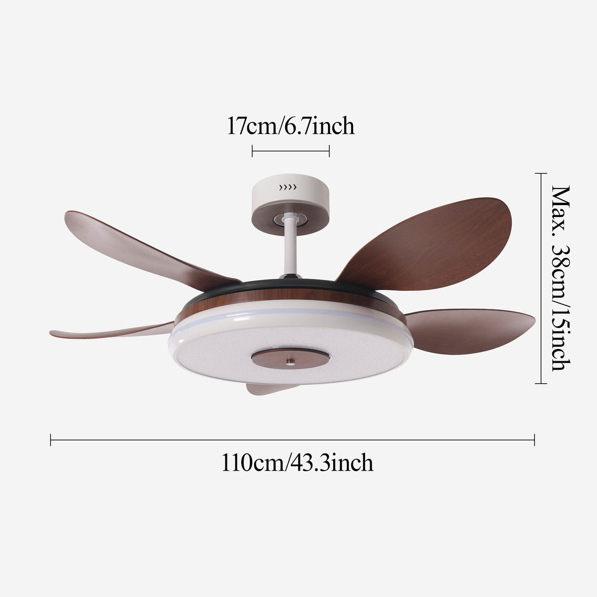 48 inch ceiling fan with dimmable LED light with dimensions shown for installation