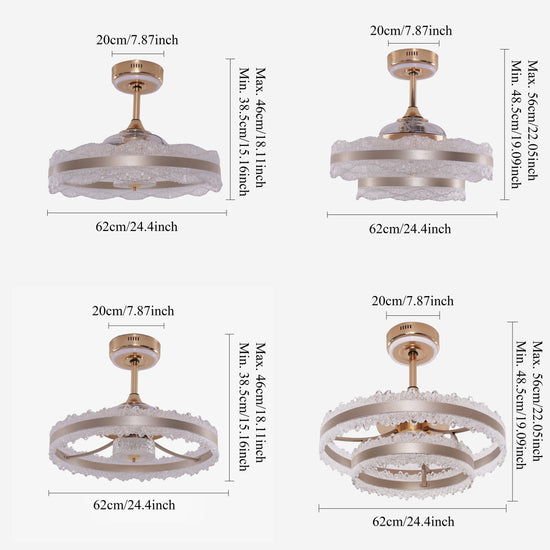 62cm gold crystal ceiling fan light size guide for single and double versions