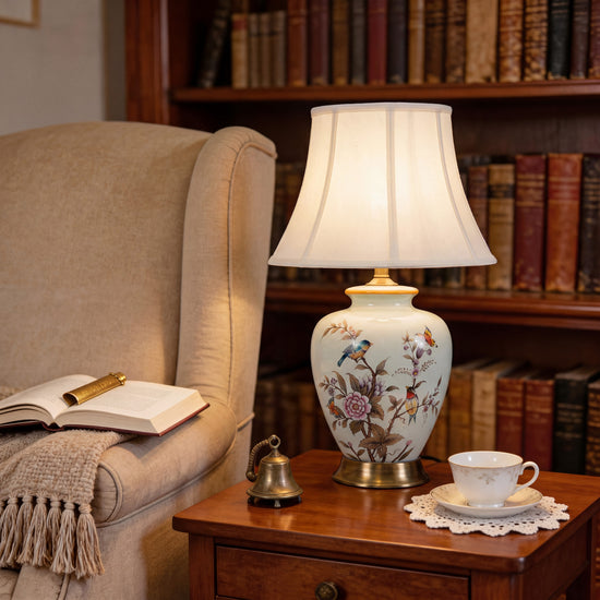 Hand-Painted Vintage Ceramic Bird & Floral Table Lamp in Soft Celadon Green for Living Room, Bedroom