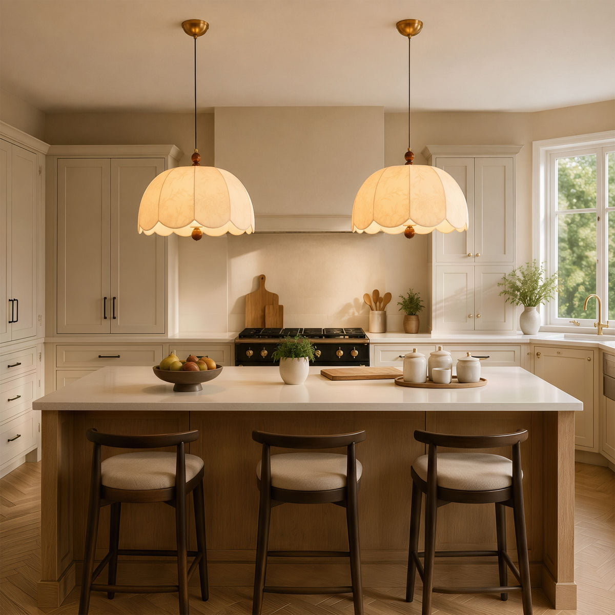yellow fabric pendant light adding warm light to a dining space