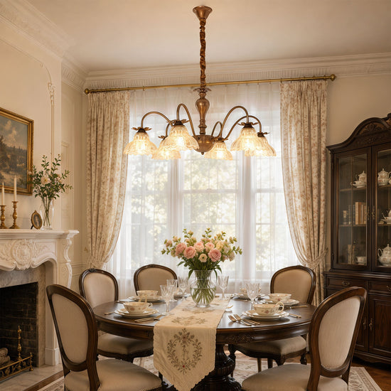 gold 6-light floral glass chandelier styled in a warm living room