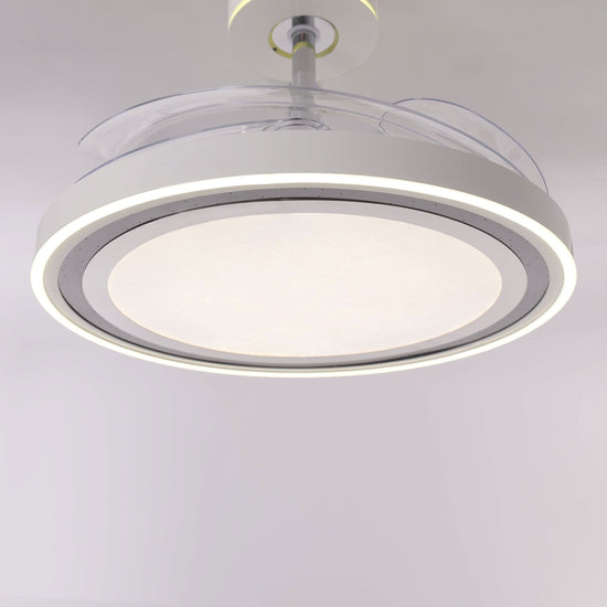 48 inch reversible ceiling fan with LED light shown from below with LED light on