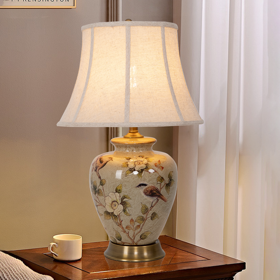 Vintage Ceramic Bird-Pattern Table Lamp with Fabric Shade