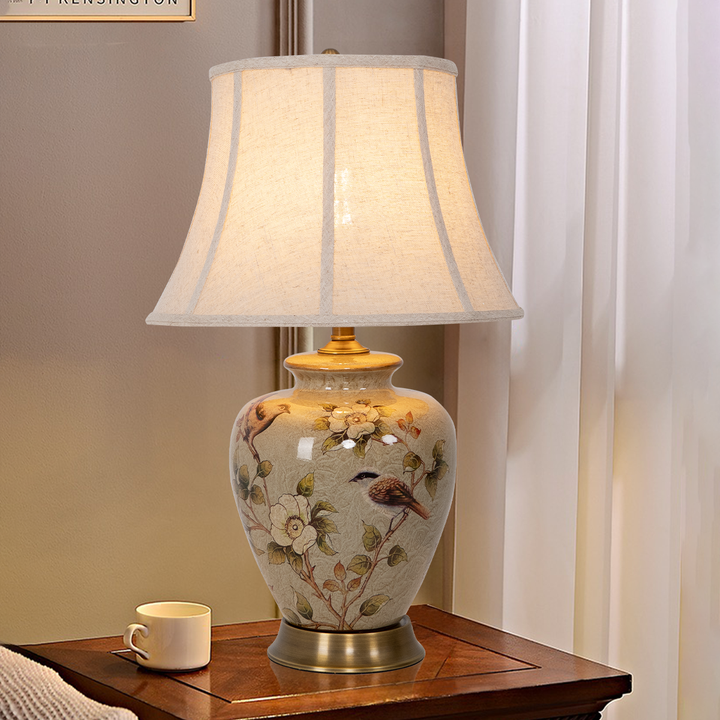 Vintage Ceramic Bird-Pattern Table Lamp with Fabric Shade