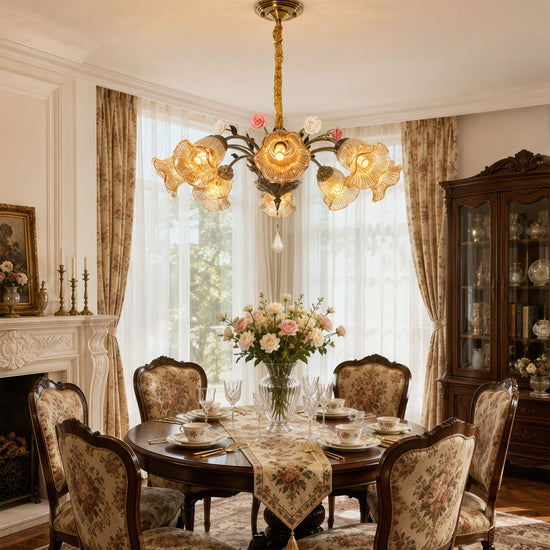 antique bronze chandelier with amber flower shades brightening a traditional dining room