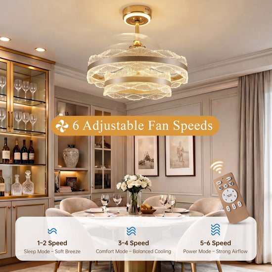 6-speed gold crystal ceiling fan light with remote control in a dining room