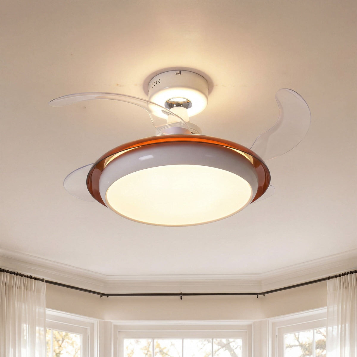 36 inch ceiling fan with dimmable LED light with a compact motor and blade detail