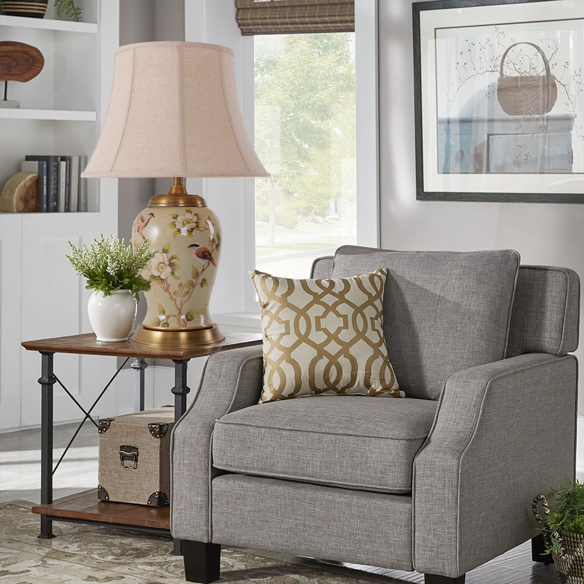 Living Nest UK Vintage Camellia Ceramic Table Lamp with Copper Base and Fabric Shade Living Nest UK