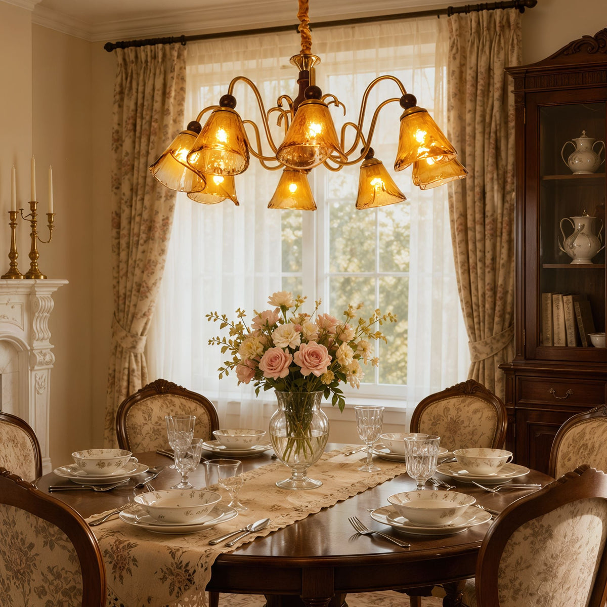 8-light walnut chandelier with amber cut glass shades glowing above a dining table