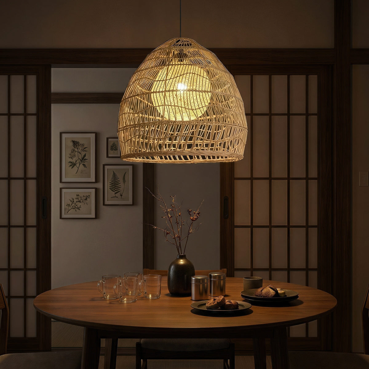 Rattan pendant light with inner sphere above a moody dining table