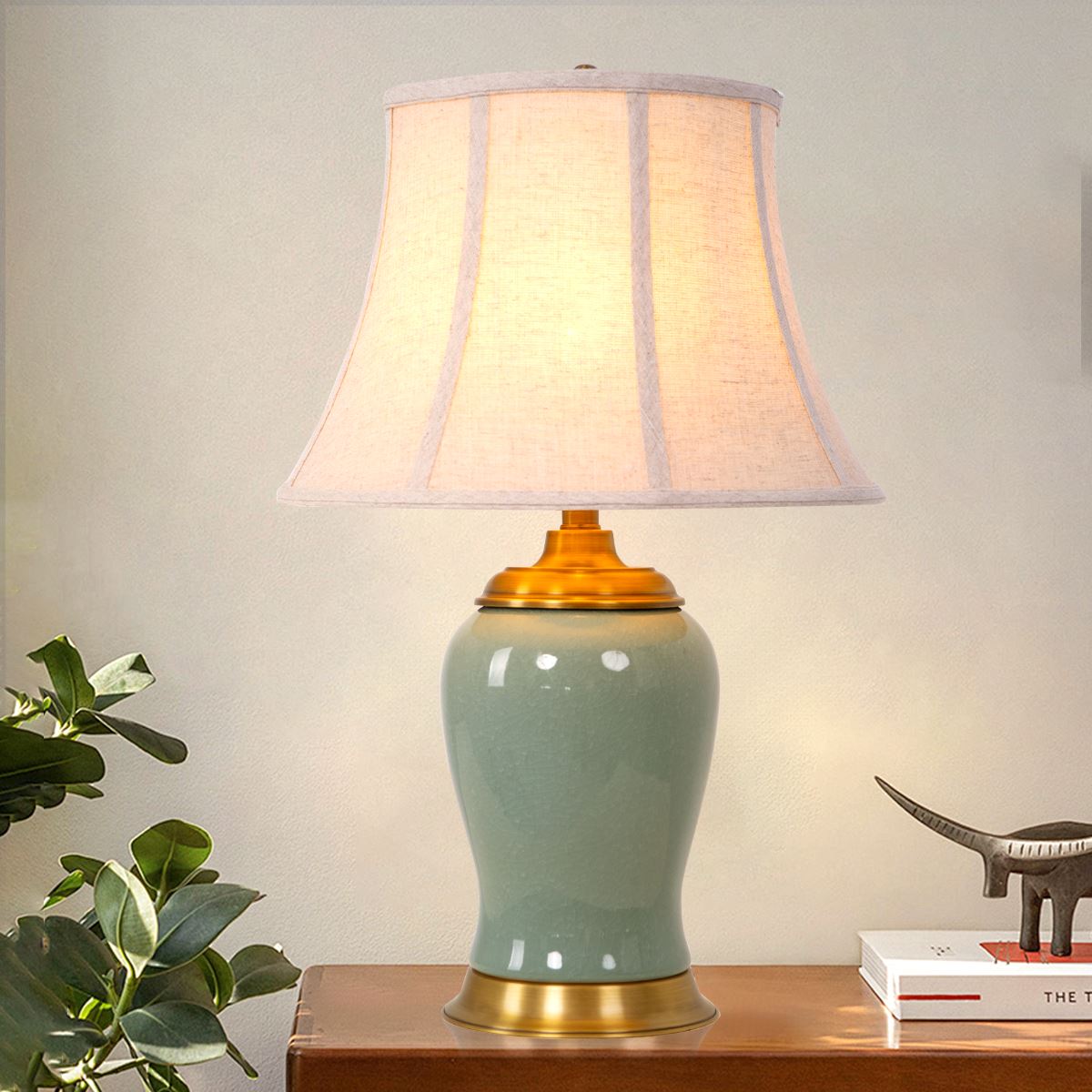 Living Nest UK Vintage Green Crackle Ceramic Table Lamp with Fabric Shade Living Nest UK
