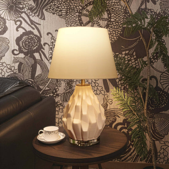 Lightsin 3D Pure White Polygonal Textured Ceramic Table Lamp with Fabric Shade Lightsin UK S
