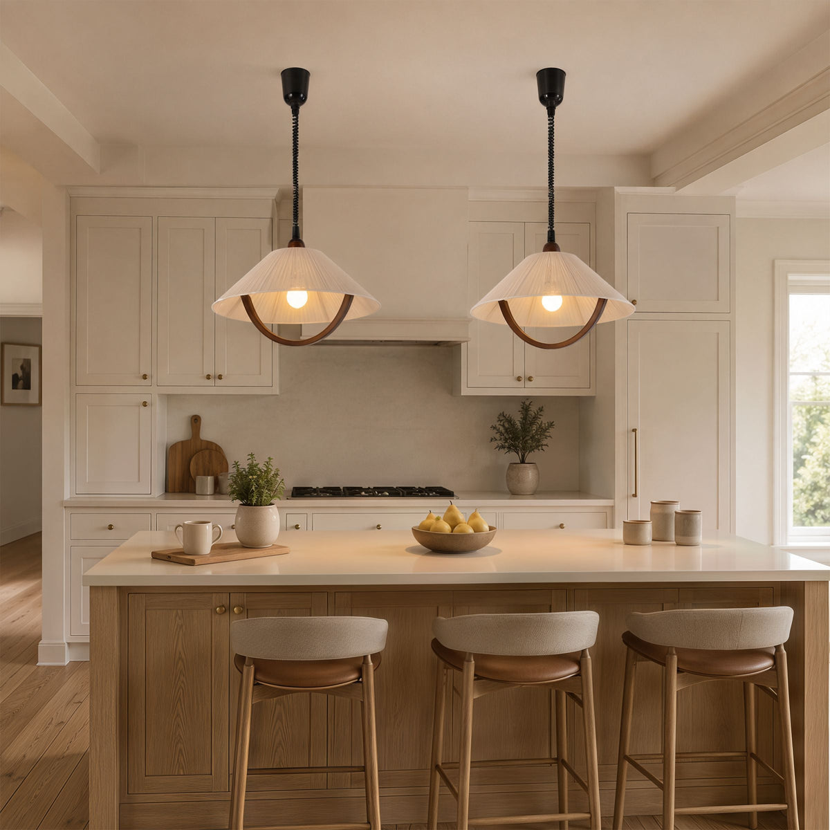 natural wood curved pendant light beside a cosy seating area