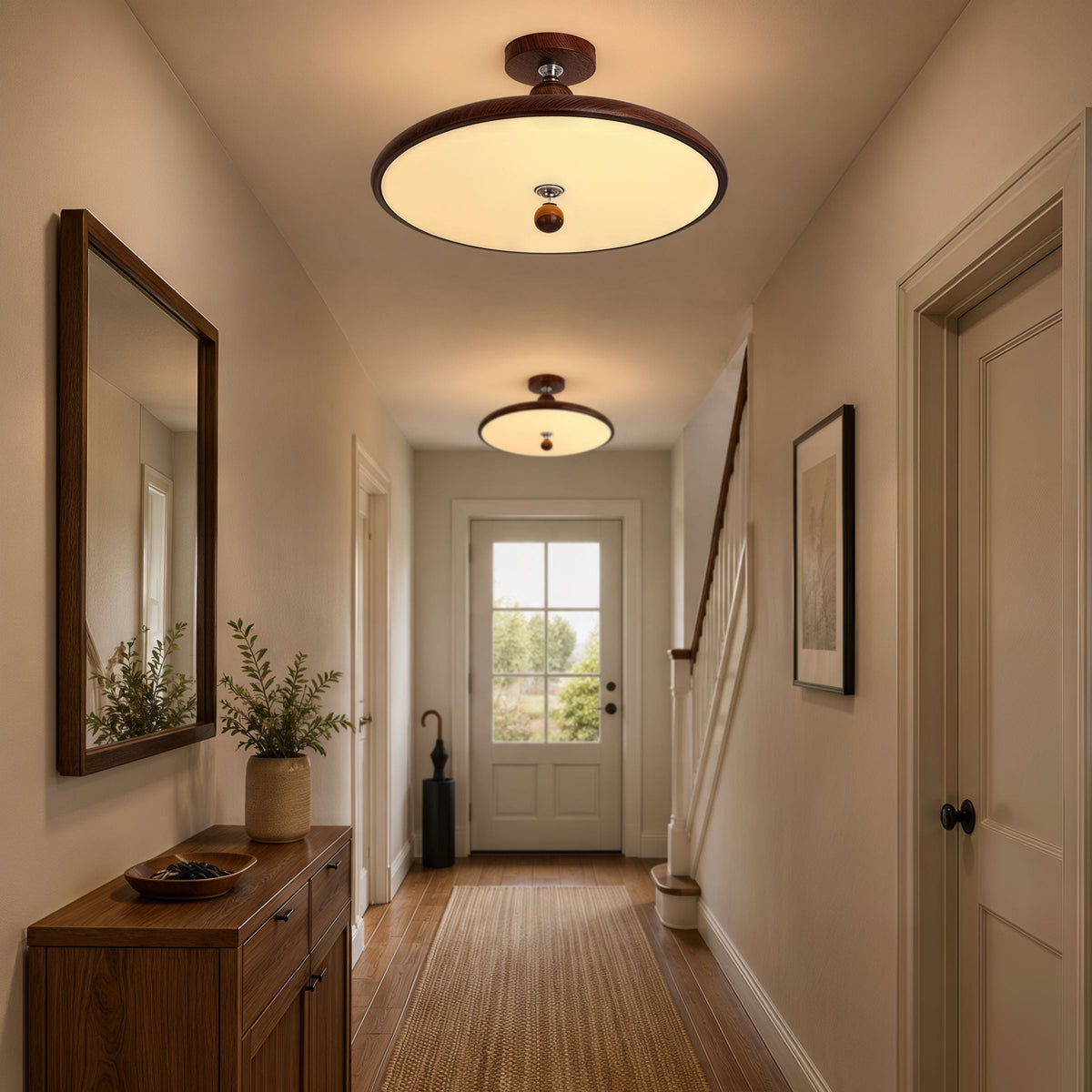 walnut two-globe flush ceiling light with shade texture and trim detail