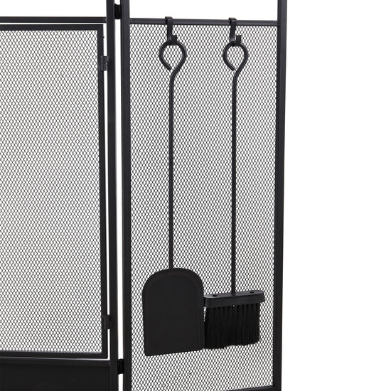 Iron Fireplace Screen with 4-Piece Tool Set Black Powder Coated – 122x1.3x80cm