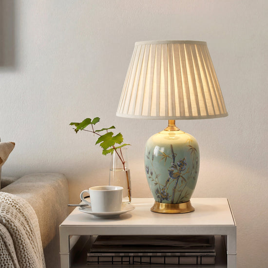 Green Bamboo & Bird Ceramic Table Lamp with Seamless Dimming