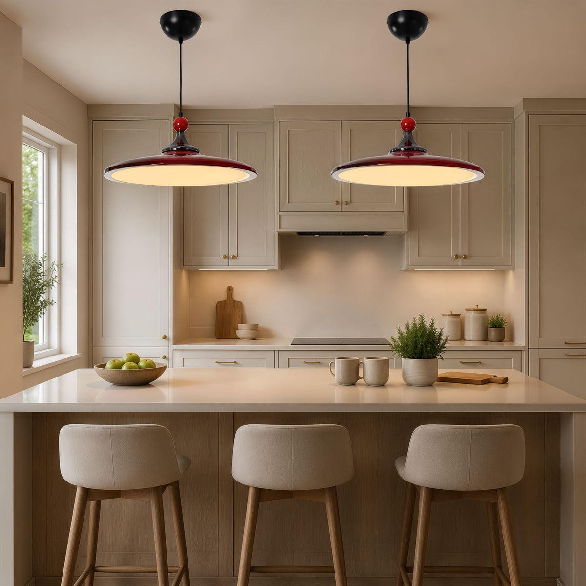 red iron pendant light in a warm living room