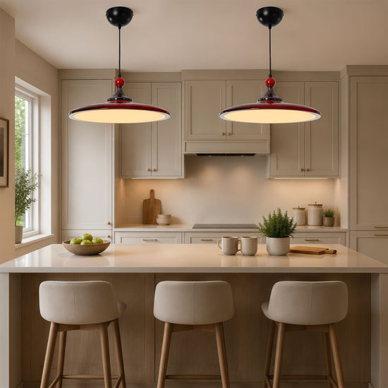 red iron pendant light in a warm living room