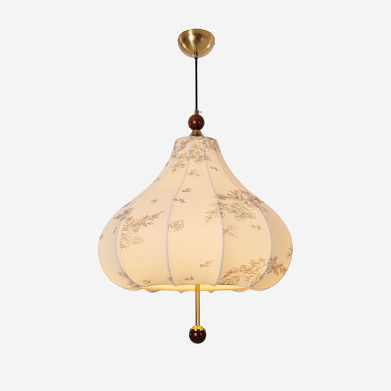 yellow floral fabric pendant light shown as a clean product view