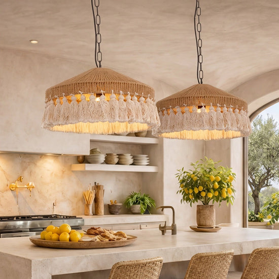 Boho Woven Pendant Light with Tassels, Handcrafted Hemp Rope Hanging Ceiling Light for Dining Room & Living Room