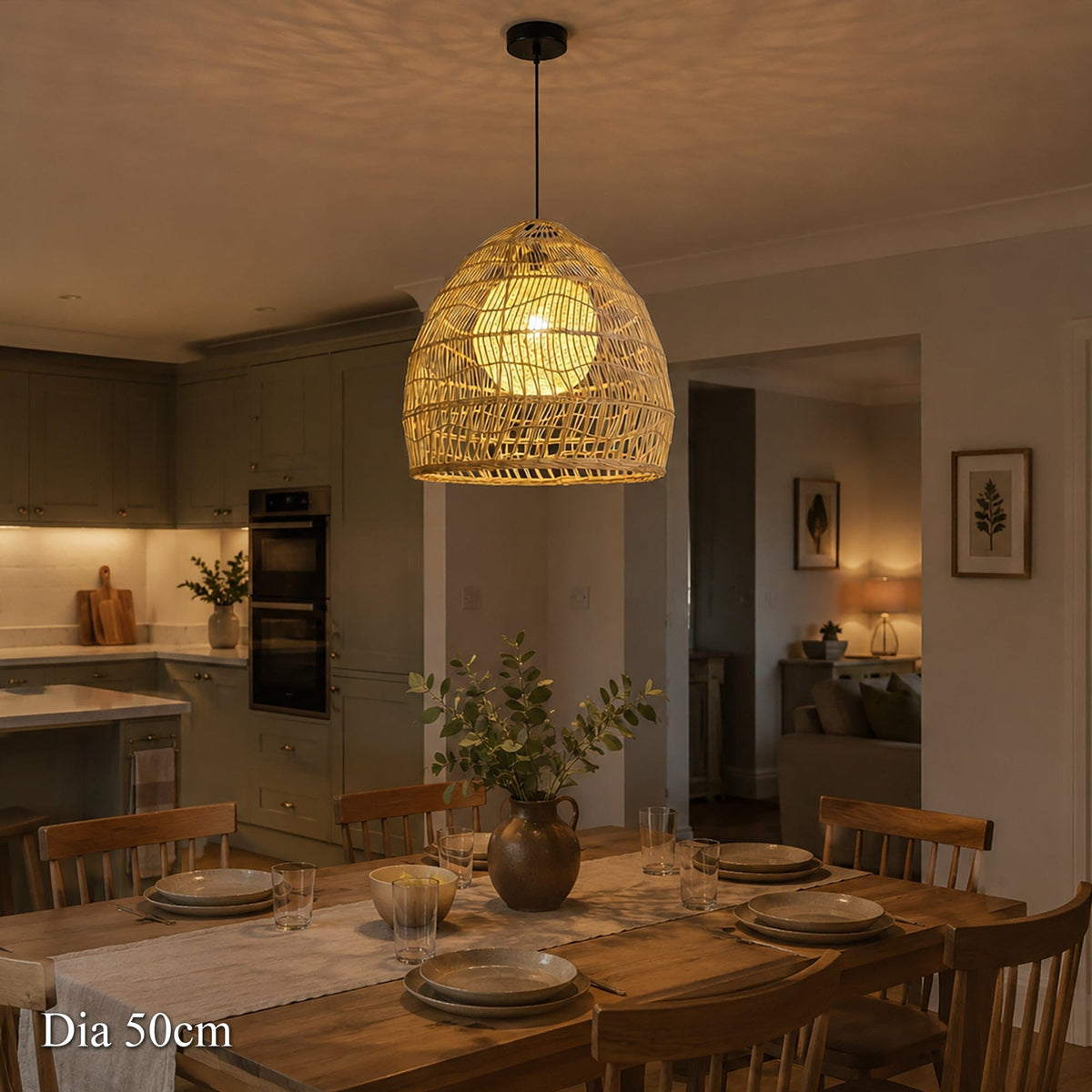 50cm woven rattan pendant light creating warm patterns in a dining room