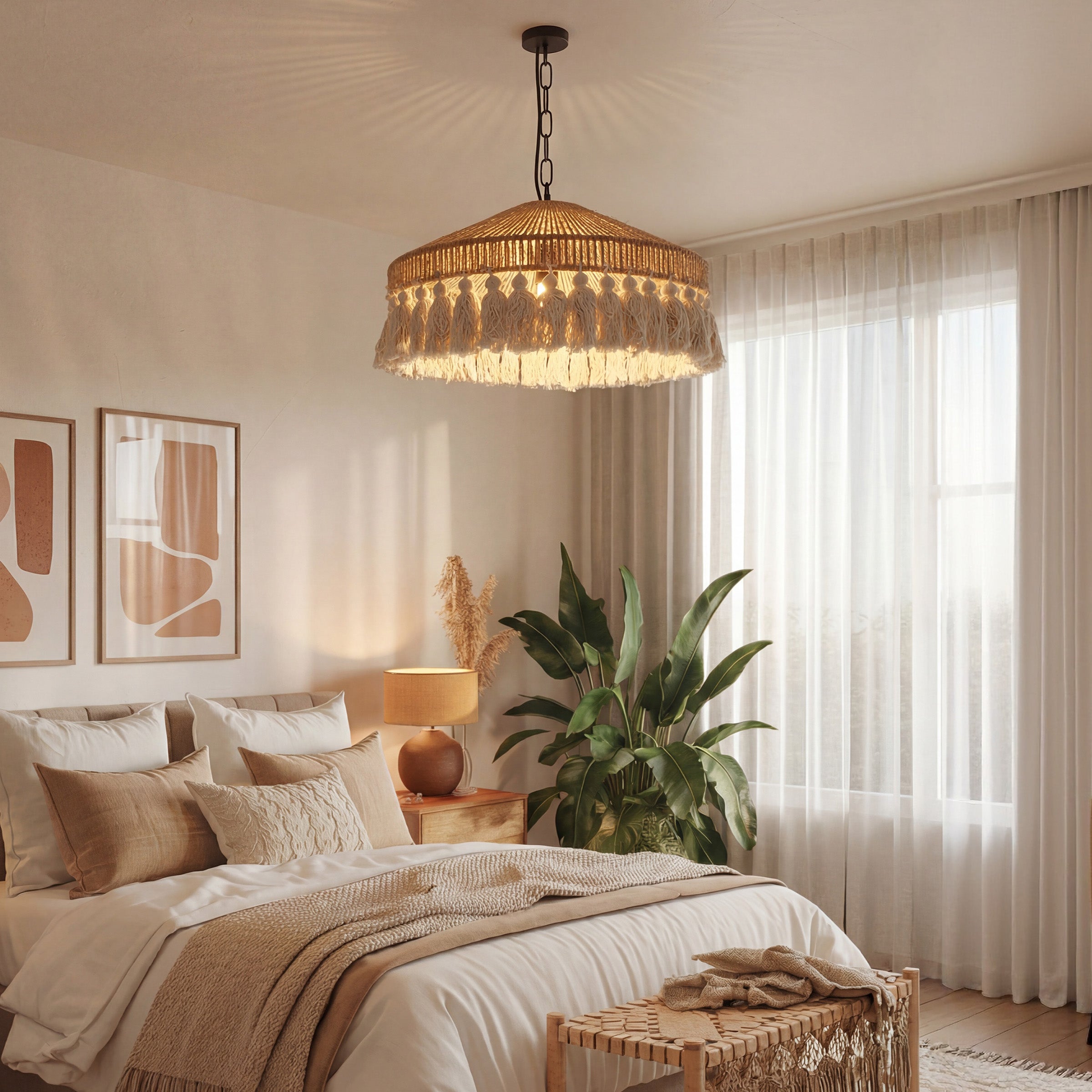 Boho Woven Pendant Light with Tassels, Handcrafted Hemp Rope Hanging Ceiling Light for Dining Room & Living Room