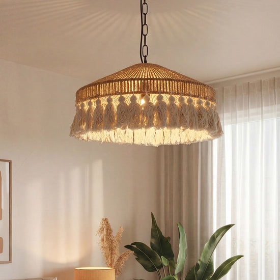 Boho Woven Pendant Light with Tassels, Handcrafted Hemp Rope Hanging Ceiling Light for Dining Room & Living Room