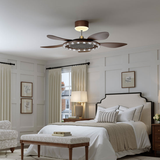 48 inch reversible ceiling fan with LED light cooling a bright bedroom