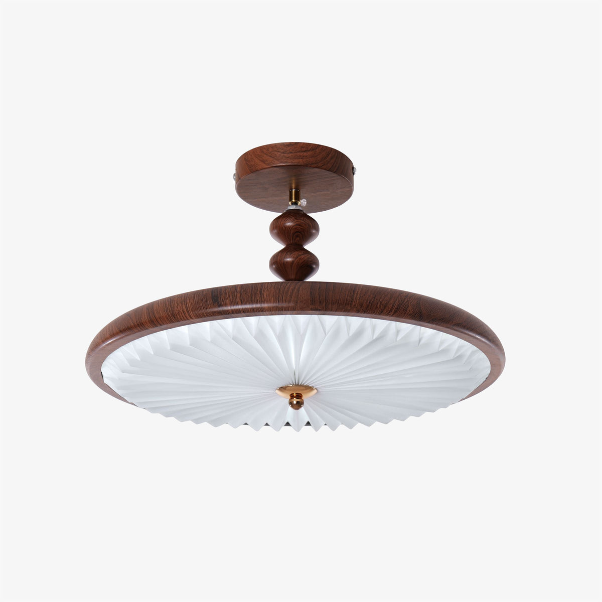 walnut pleated flush ceiling light with a warm diffused glow