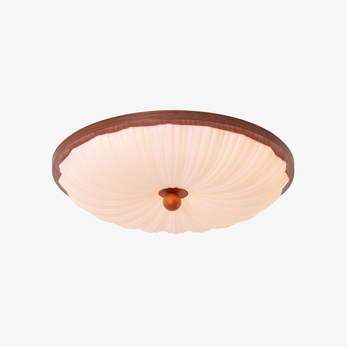 walnut scalloped acrylic ceiling light adding warm light to a bedroom