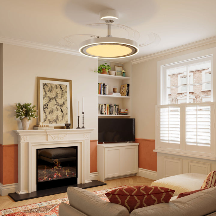 48 inch reversible ceiling fan with LED light cooling a bright bedroom