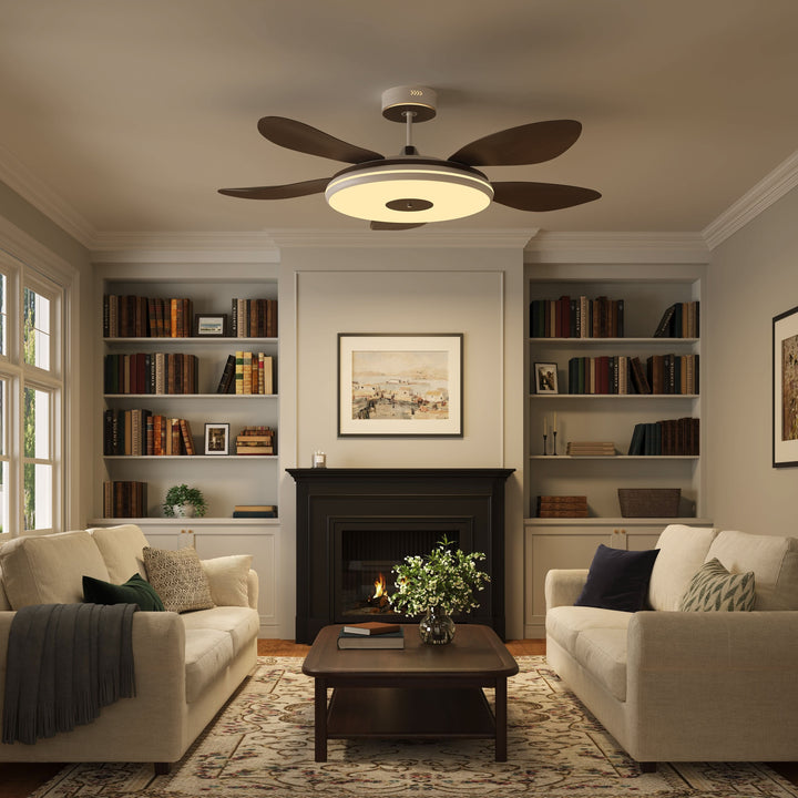 48 inch ceiling fan with dimmable LED light cooling a bright bedroom