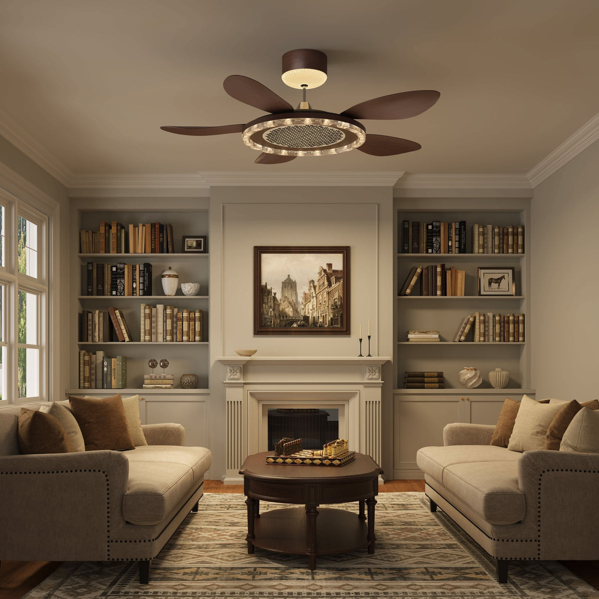 48 inch reversible ceiling fan with LED light shown from below with LED light on