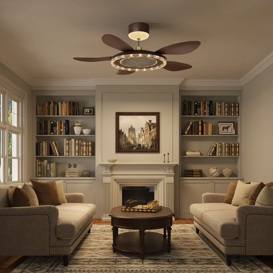 48 inch reversible ceiling fan with LED light shown from below with LED light on