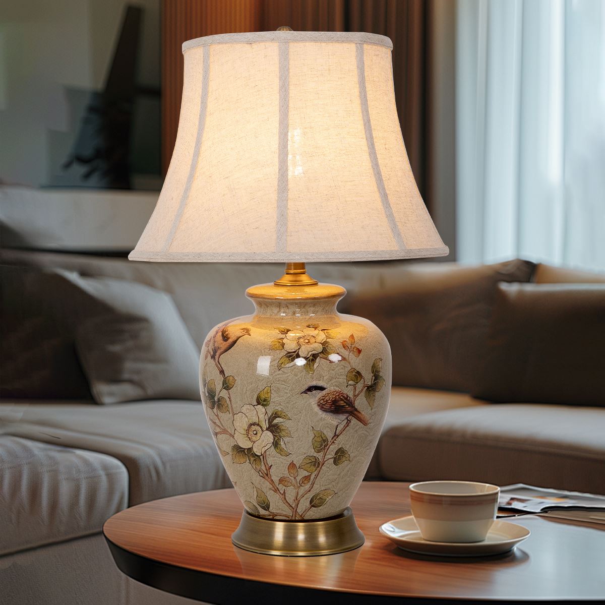 Living Nest UK Vintage Ceramic Bird-Pattern Table Lamp with Fabric Shade Living Nest UK