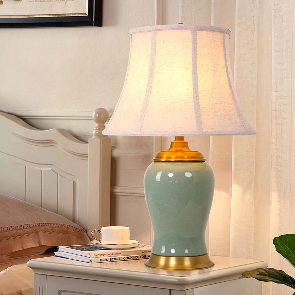 Living Nest UK Vintage Green Crackle Ceramic Table Lamp with Fabric Shade Living Nest UK