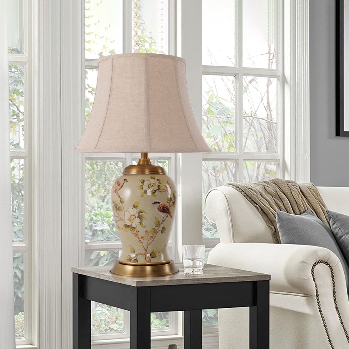 Living Nest UK Vintage Camellia Ceramic Table Lamp with Copper Base and Fabric Shade Living Nest UK