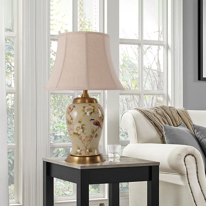 Living Nest UK Vintage Camellia Ceramic Table Lamp with Copper Base and Fabric Shade Living Nest UK